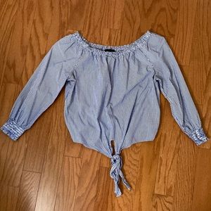 Striped off the shoulder blouse with front tie